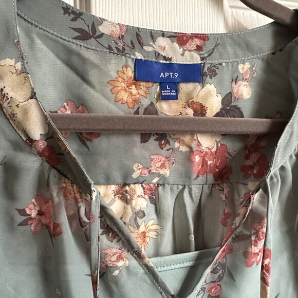 Apt 9 Women's Large Sheer Gray Floral Bell Sleeve Tie Neck Blouse + Camisole - Picture 3 of 9